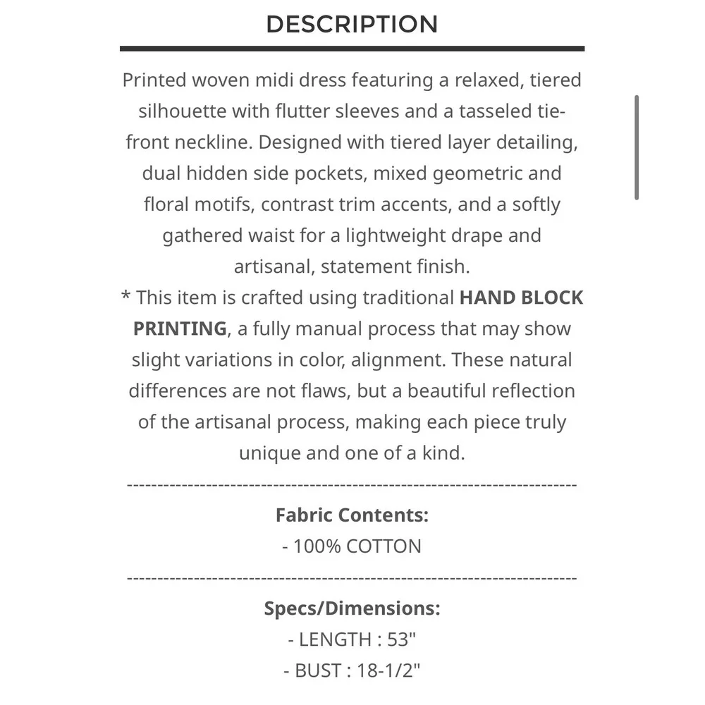 POL Hand Block Printed Cotton‎ Tiered Midi Dress Flutter Sleeve Floral MEDIUM